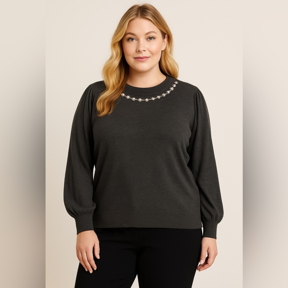 Liz Claiborne Sweater Top Women's 3X Gray Embellished Neck Pullover Soft Knit